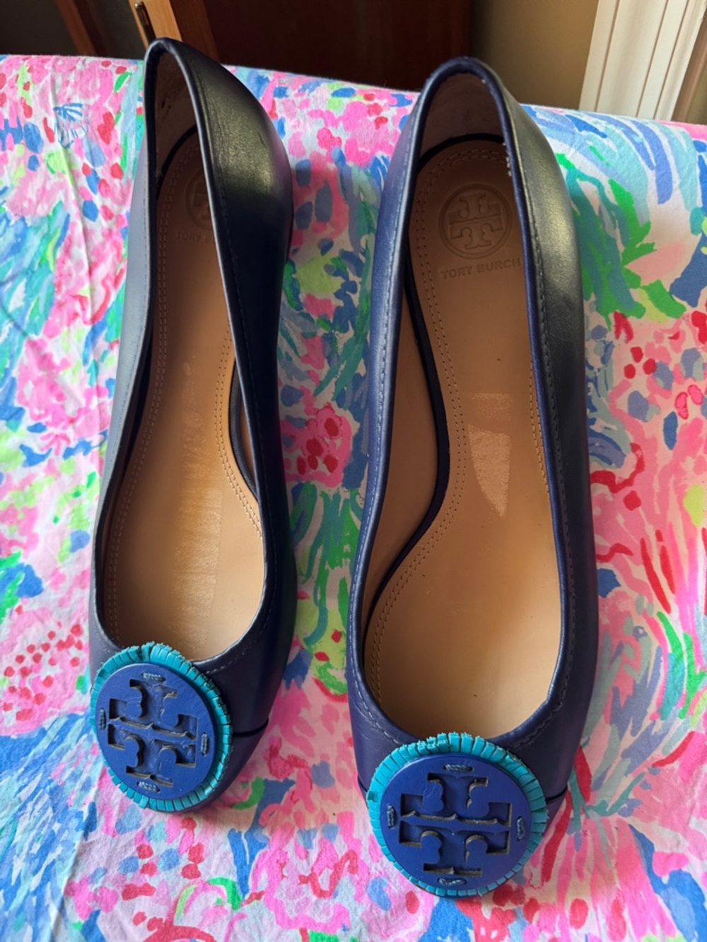 Tory Burch Navy Leather Ballet Flats with Turquoise Logo Disc
